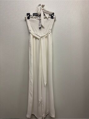 Zexxxy Ivory Strapless Wide-Leg Jumpsuit with Tie